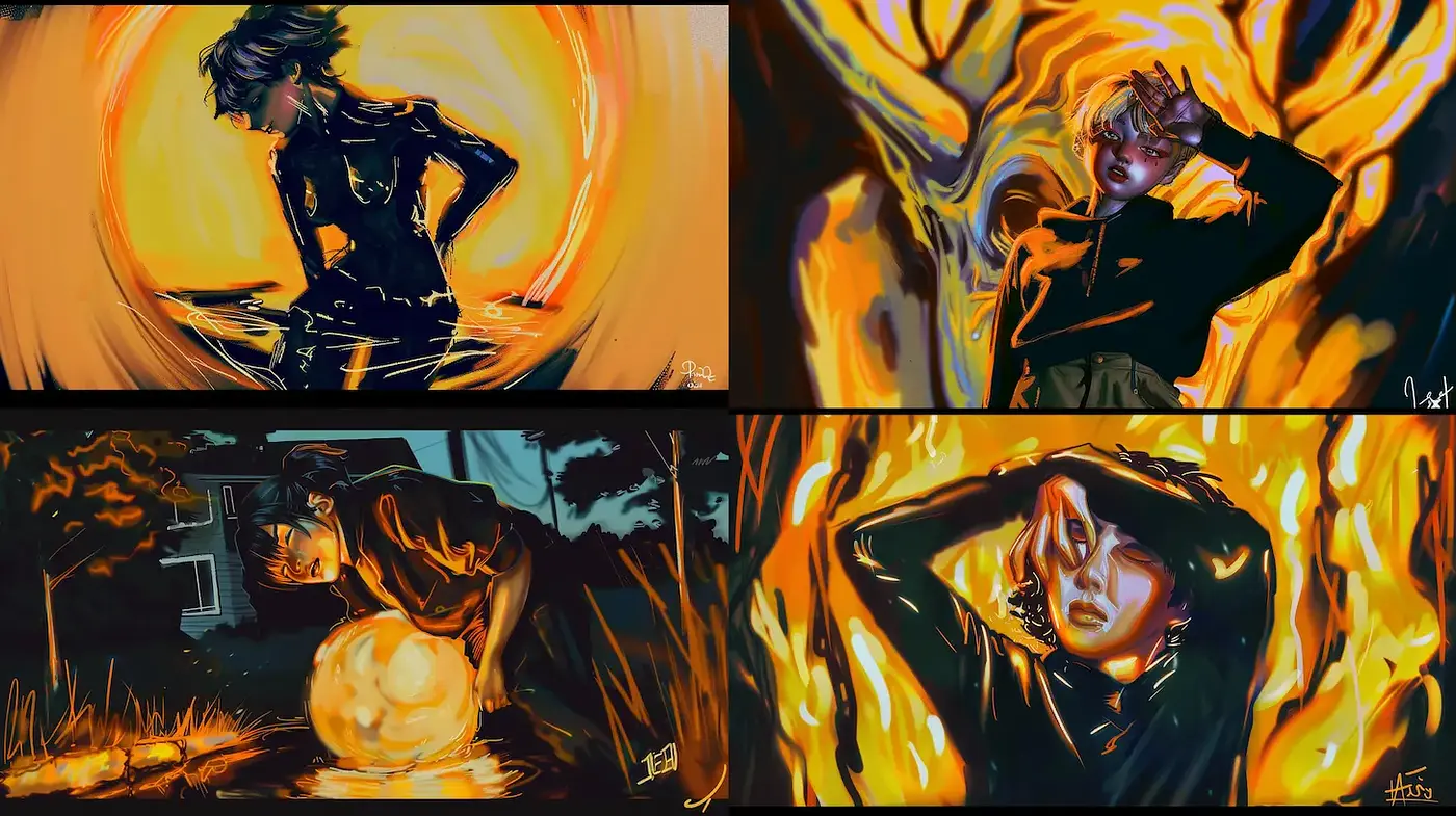 Dynamic and Fiery Atmosphere with Artistic Flair - Midjourney sref style