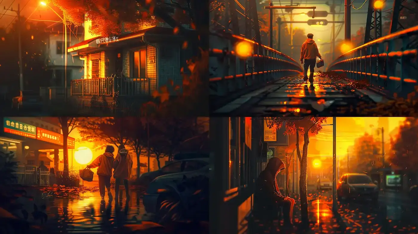 A Cinematic Exploration of Urban Life at Dusk with Warm Textures - Midjourney sref style