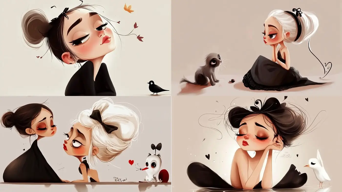 Whimsical Elegance in Monochromatic Cartoon Styling - Midjourney sref style