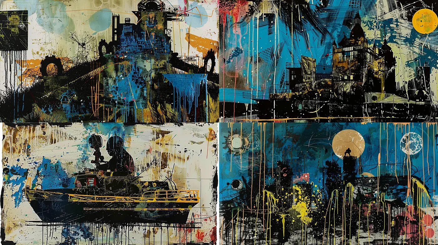 Abstract Nocturnal Chaos in Blue and Gold: A Dripping, Textured Artistic Fusion - Midjourney sref style
