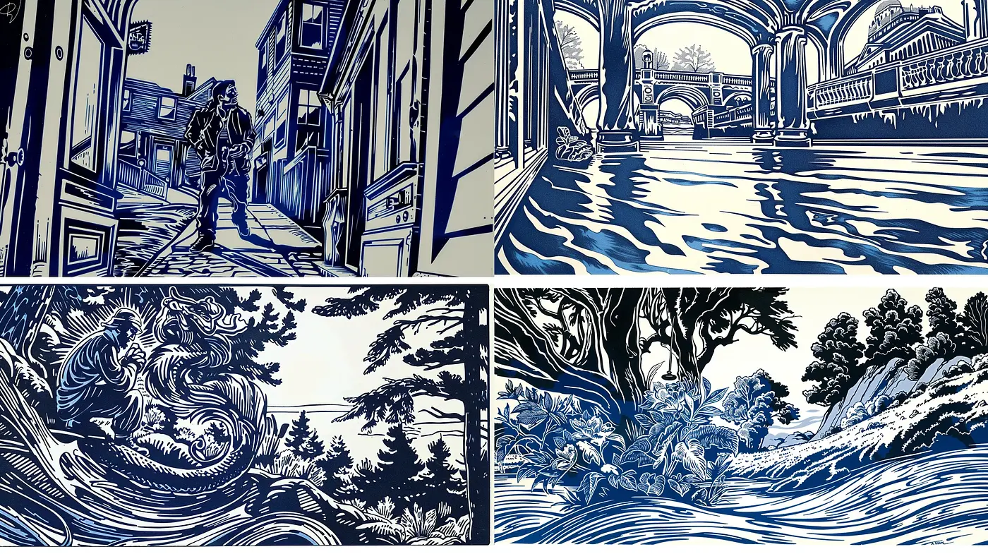 Monochromatic Dreamscape: A Dance of Indigo and White - Midjourney sref style
