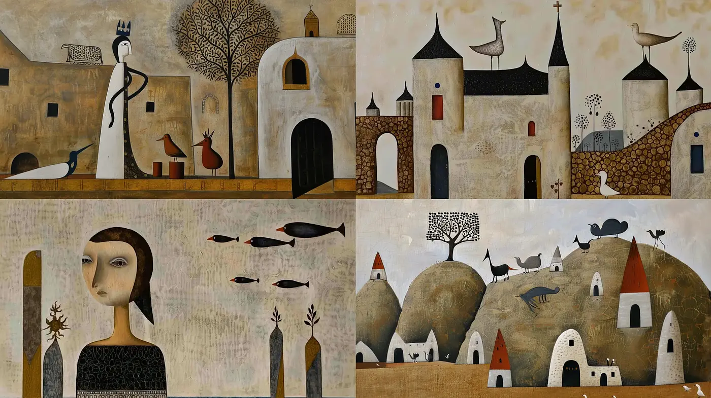 Surreal Folkloric Dreamscapes with Whimsical Architecture - Midjourney sref style