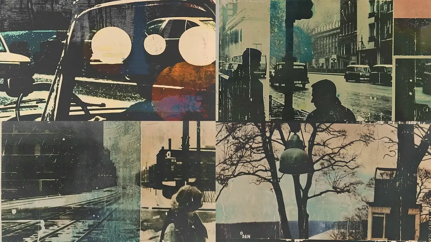 Nostalgic Urban Collage with Vintage Aesthetic - Midjourney sref style