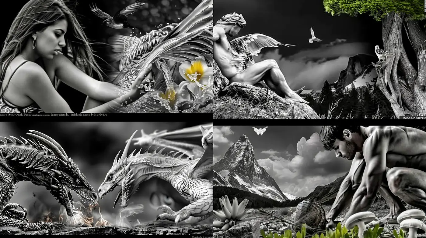 Monochromatic Mythical Majesty: A Consistent Visualization of Fantastical Scenes and Figures - Midjourney sref style