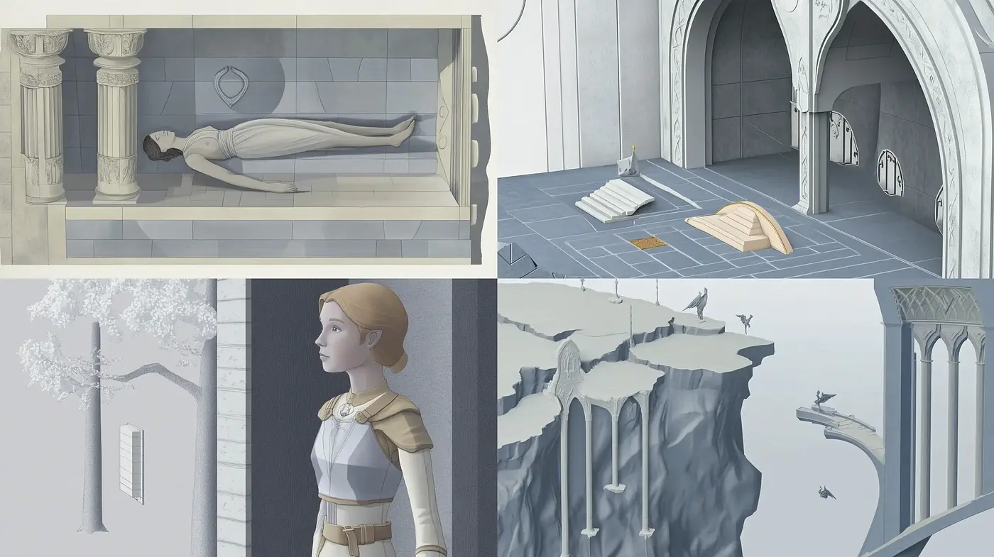 Ethereal Architectural Dreamscape with Serene Monochrome Overtones - Midjourney sref style