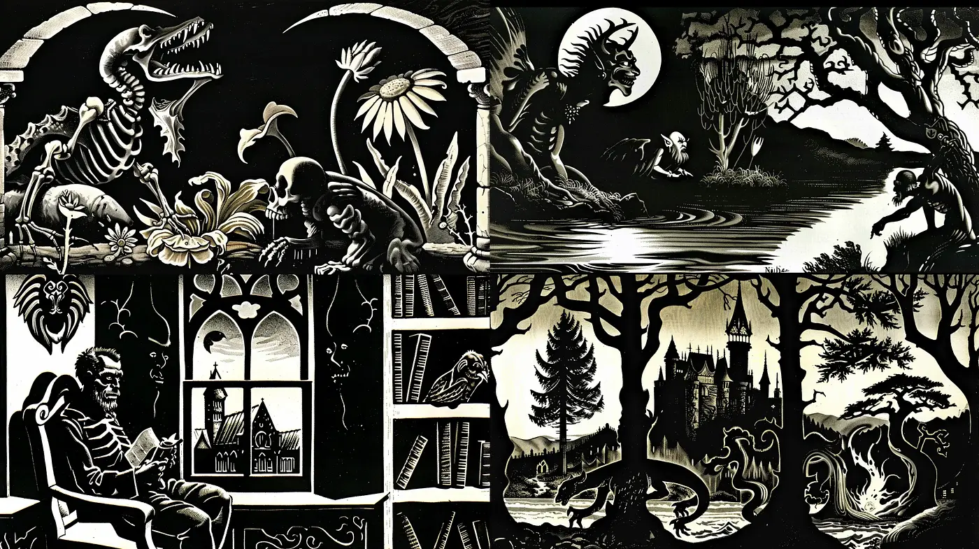 Gothic Silhouette Storybook Illustration - Midjourney sref style