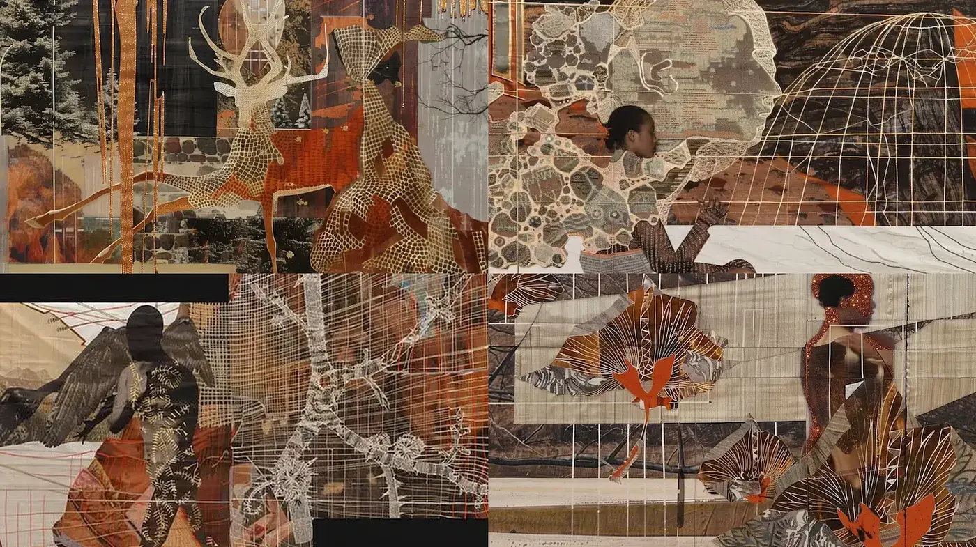 Intricate and Textured Collage with Earthy Tones and Organic Shapes - Midjourney sref style