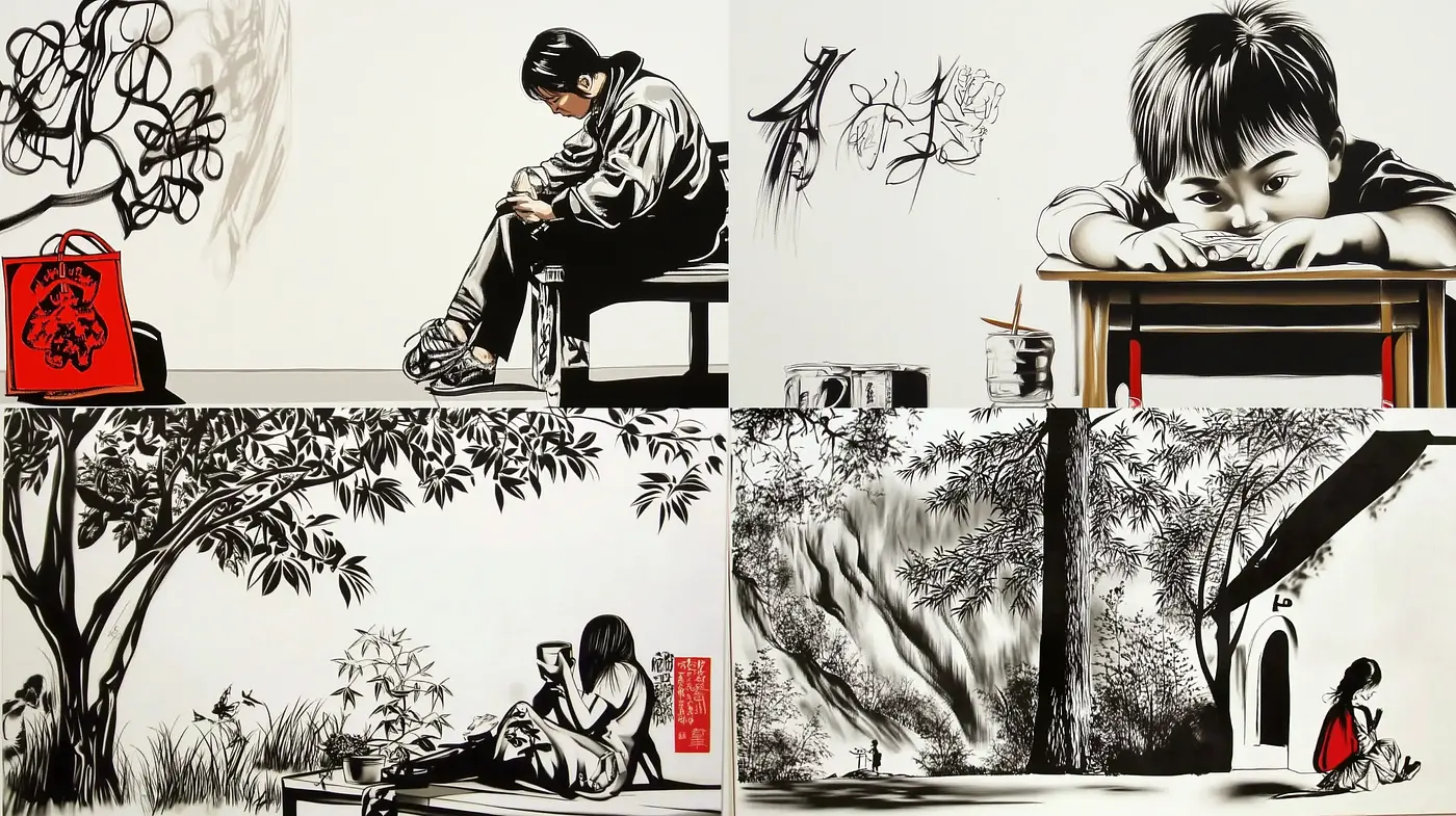 Monochromatic Serenity: Brushwork and Nature in Greyscale - Midjourney sref style