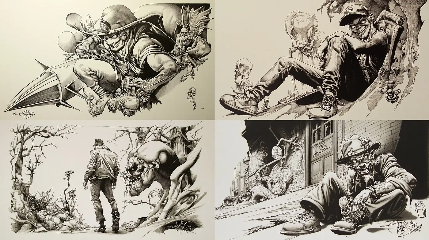 Monochromatic Dynamic Sketches - Midjourney sref style