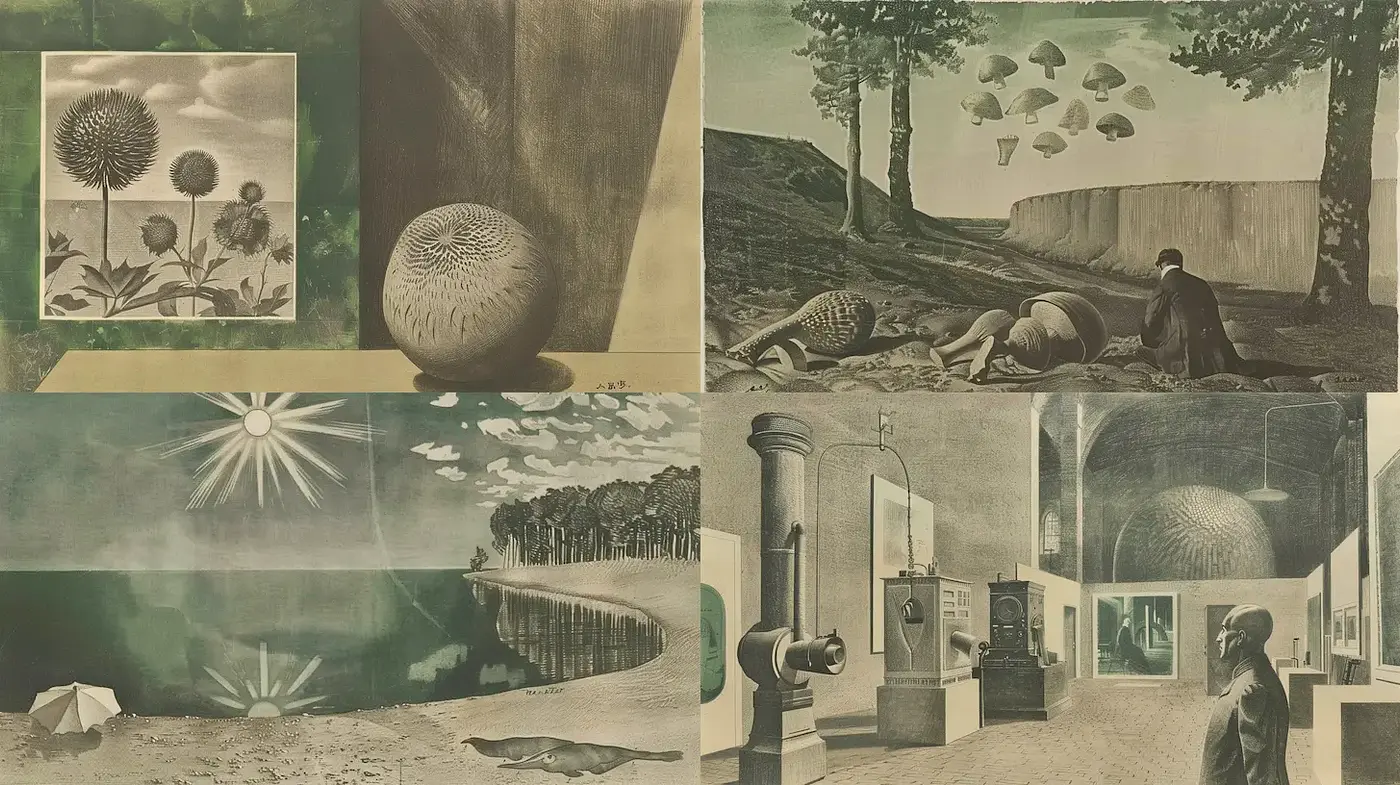 Surrealistic Collage with Vintage Influence and Monochromatic Palette - Midjourney sref style