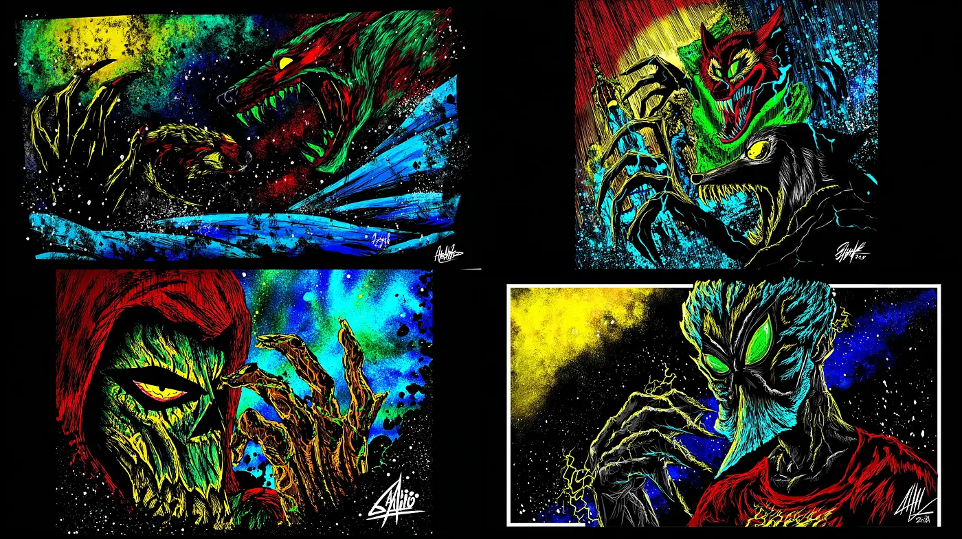 Vividly dynamic and expressive illustration style with a dark fantasy influence - Midjourney sref style
