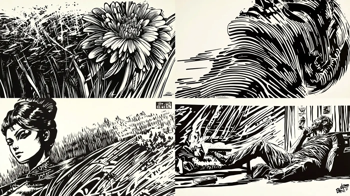 Monochromatic Inkwork Symphony with a Lyrical Narrative Essence - Midjourney sref style