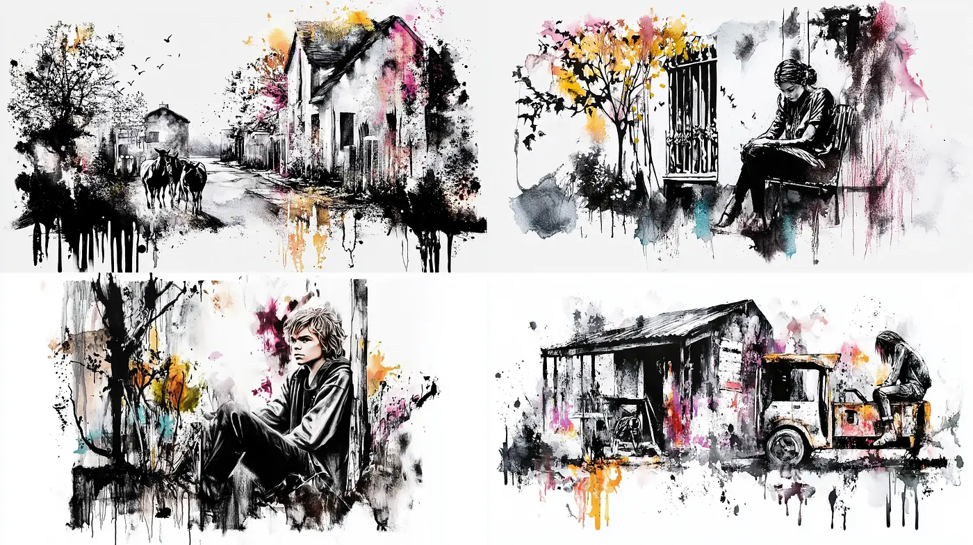 Splattered Chromatic Elegance with a Touch of Melancholy - Midjourney sref style