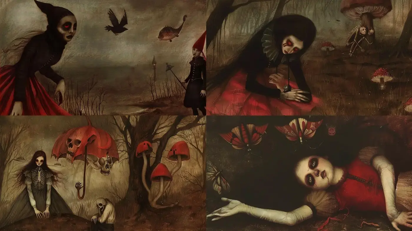 Surreal and hauntingly whimsical illustrations with gothic undertones - Midjourney sref style
