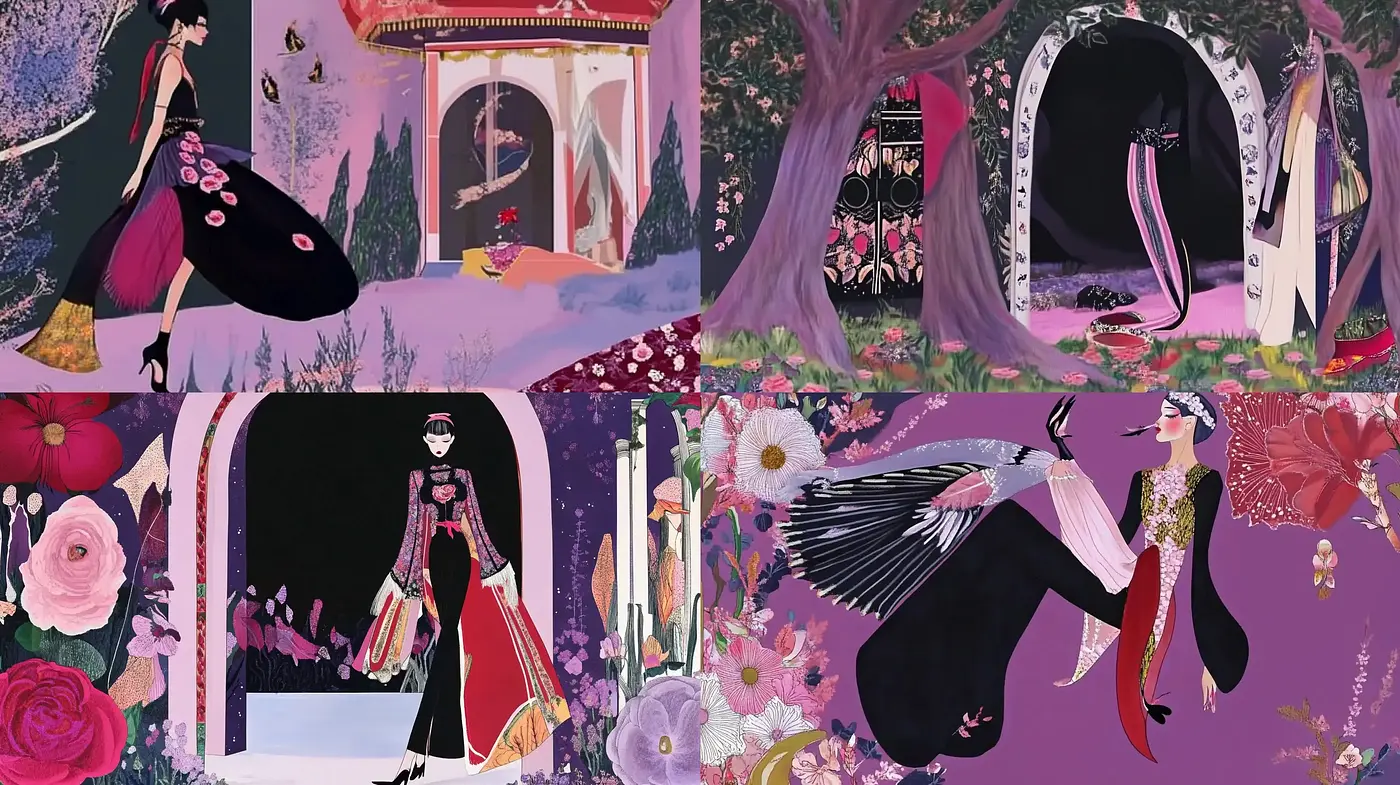 Whimsical Elegance within a Stylized Floral Wonderland - Midjourney sref style