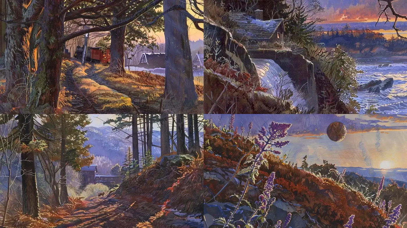 Twilight Hues and Enchanted Wilderness - A Harmonized Nature Ensemble - Midjourney sref style