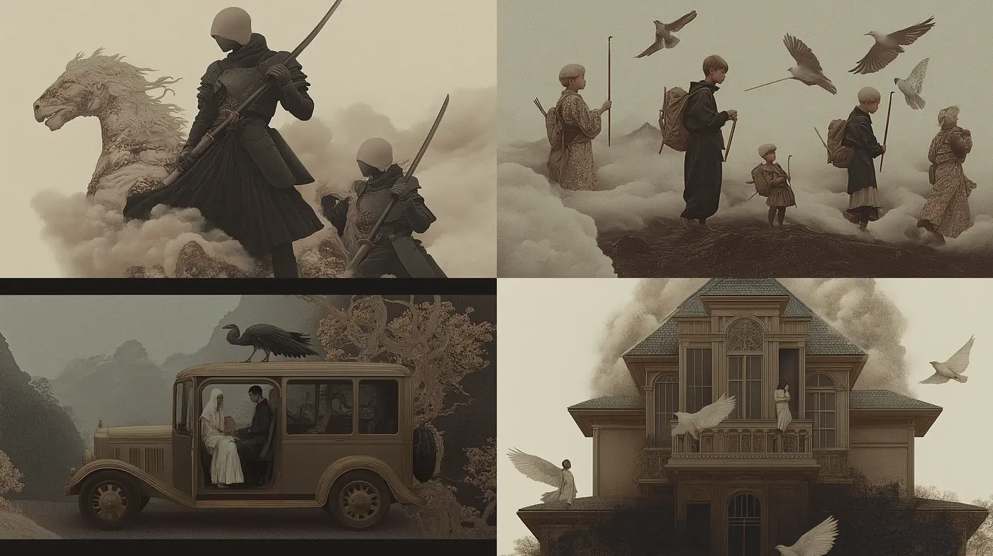 Ethereal Sepia-Toned Dreamscape Fusion - Midjourney sref style