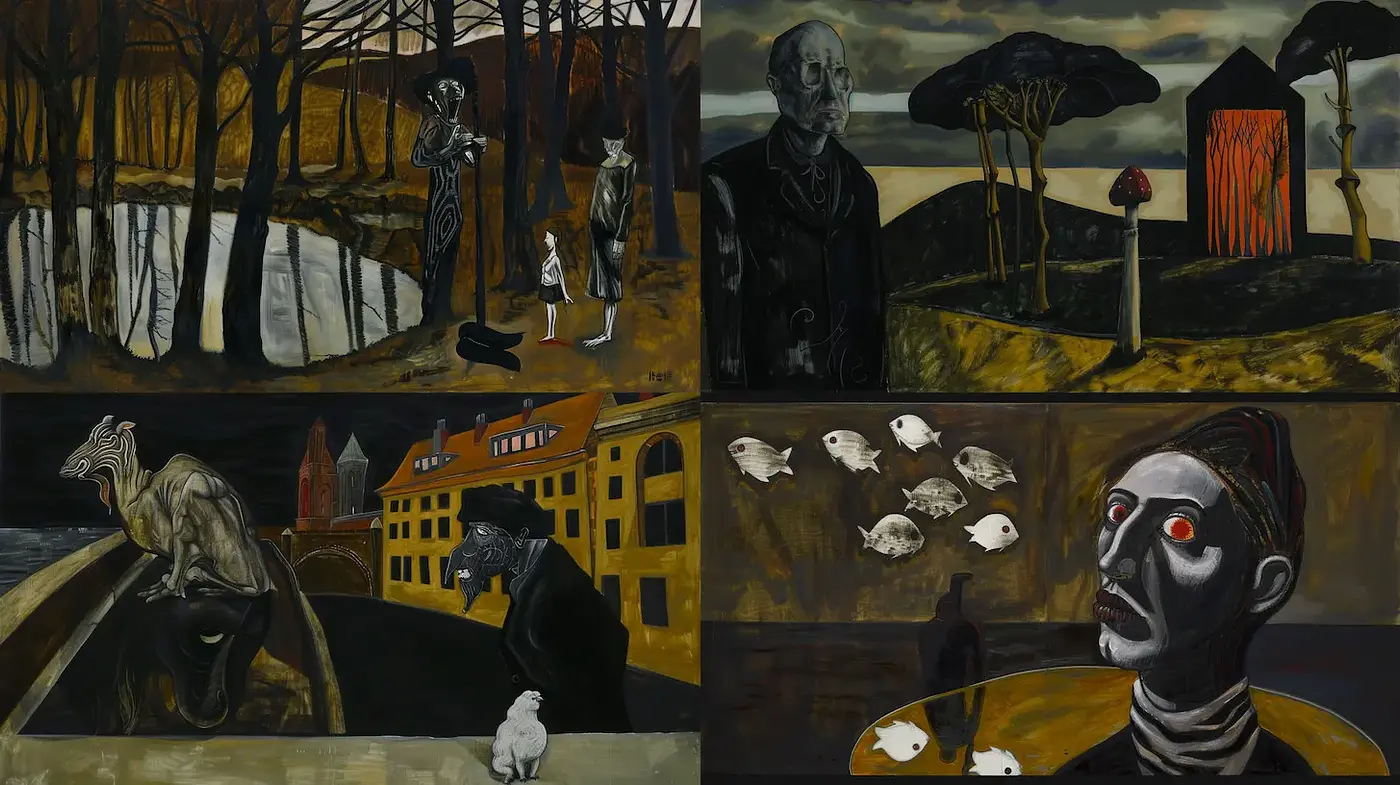 Surrealistic Dreamscapes with Dark Undertones and Vivid Striking Details - Midjourney sref style