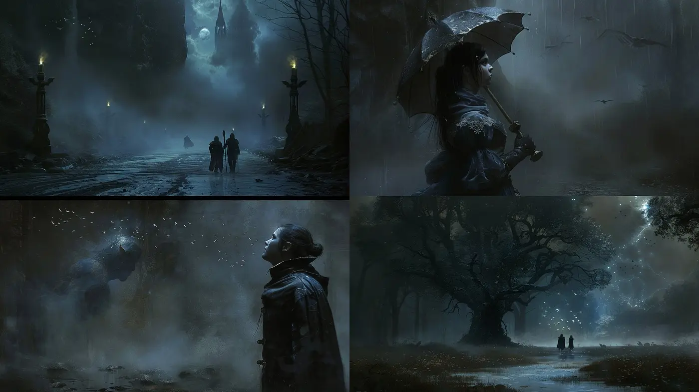 Ethereal Nocturnes: A Study in Moonlit Serenity and Mysterious Landscapes - Midjourney sref style