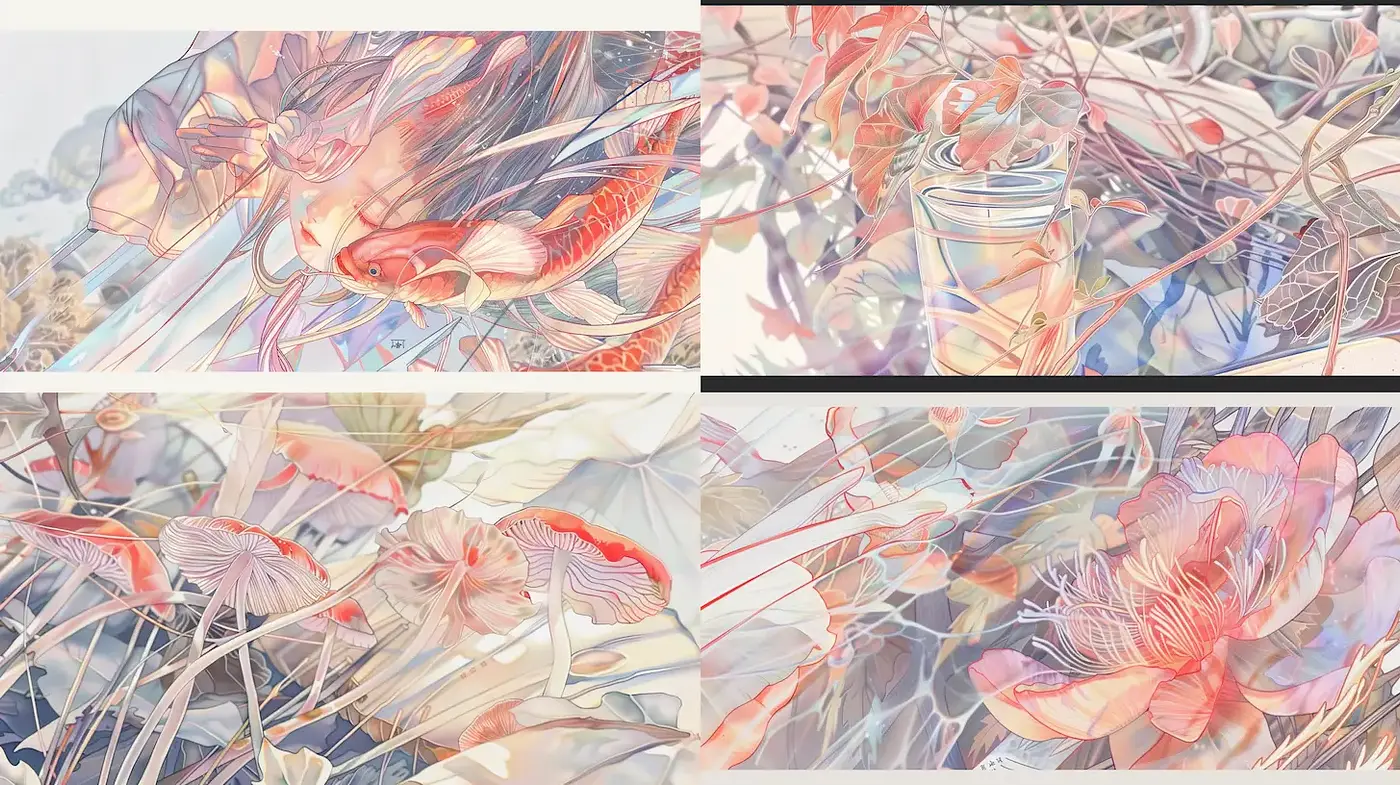 Ethereal and Dreamy Aesthetic with Fluid Motifs - Midjourney sref style