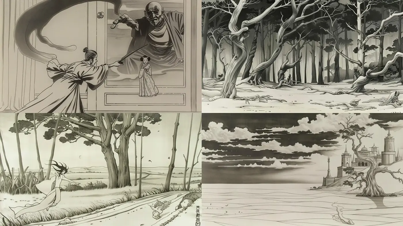 Monochromatic Enigma: An Exploration of Vintage Ink Drawing Techniques - Midjourney sref style