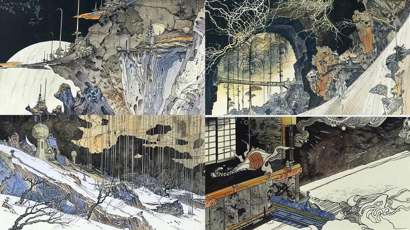 Ethereal Dreamscape Fusion with Ukiyo-e Inspirations - Midjourney sref style