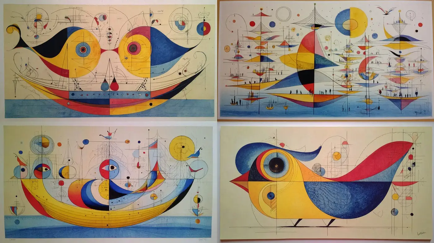 Vibrant geometric compositions with abstract forms and playful color dynamics - Midjourney sref style
