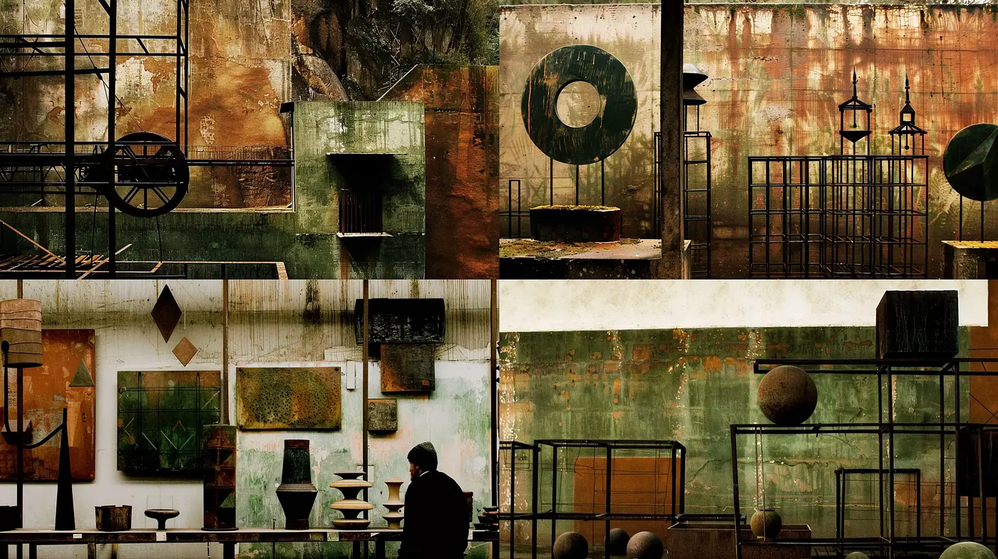 Consistent Elements in Dystopian Industrial Montage - Midjourney sref style