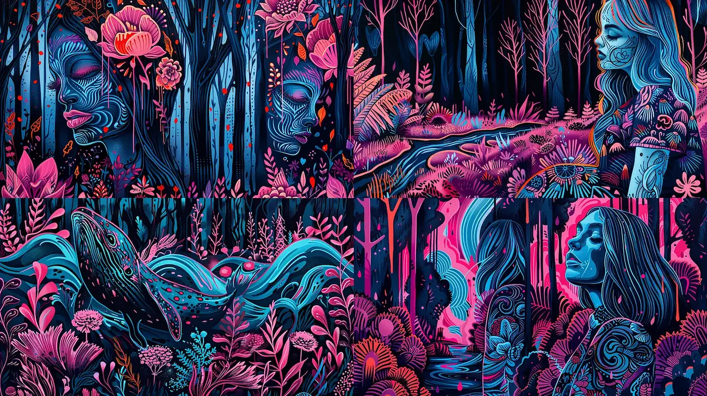 Vibrant, surreal botanical landscapes with an ethereal quality - Midjourney sref style