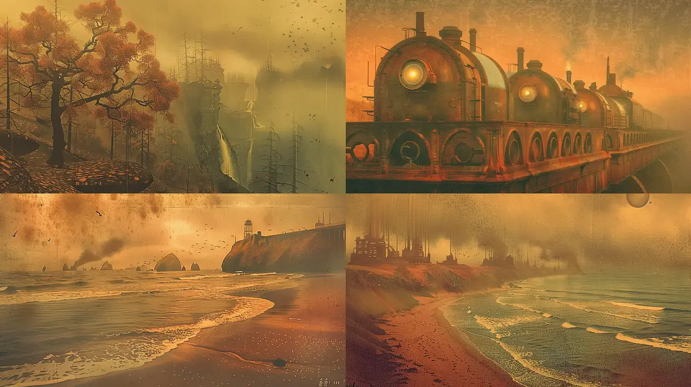 Atmospheric landscapes with vintage steampunk influences and moody undertones - Midjourney sref style