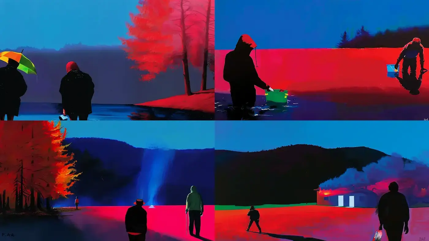 Silhouetted Figures in Vivid Contrasting Landscapes: A Study in Bold Hues and Simplified Forms - Midjourney sref style