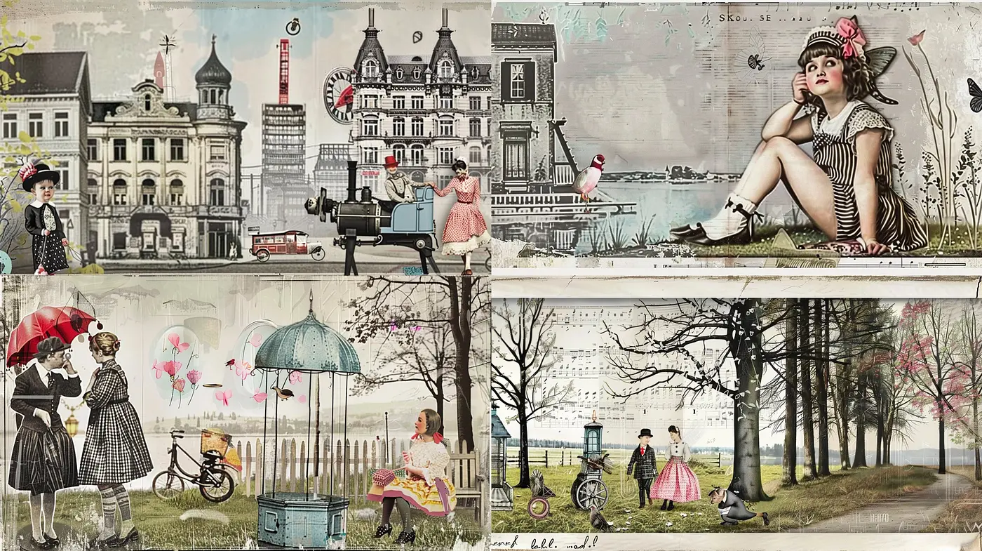 Whimsical Retro Montage with Pastel Tones and Surrealistic Influence - Midjourney sref style