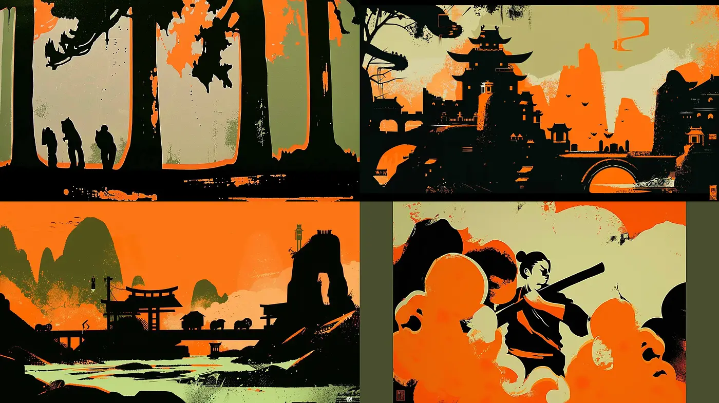 Silhouetted Narratives in Saturated Hues: A Homage to Tantalizing Colors and Abstract Forms - Midjourney sref style