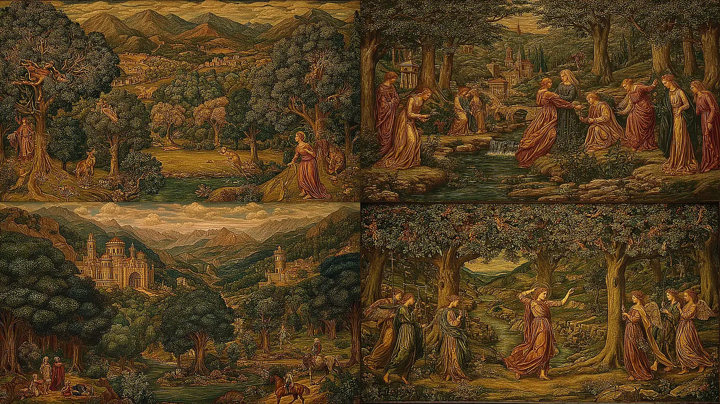 Lushly Detailed Romantic Landscape with Mythological Themes - Midjourney sref style