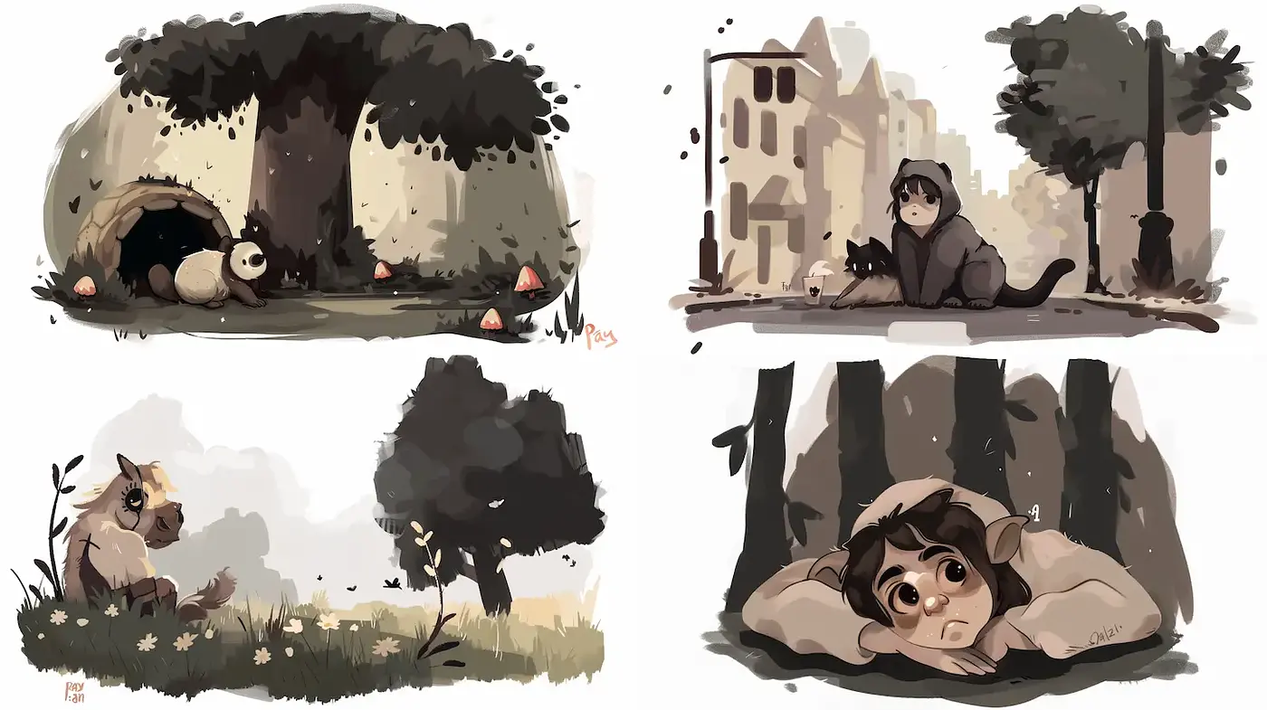 Whimsical Pastoral Illustrations with a Soft Color Palette and Gentle Narratives - Midjourney sref style