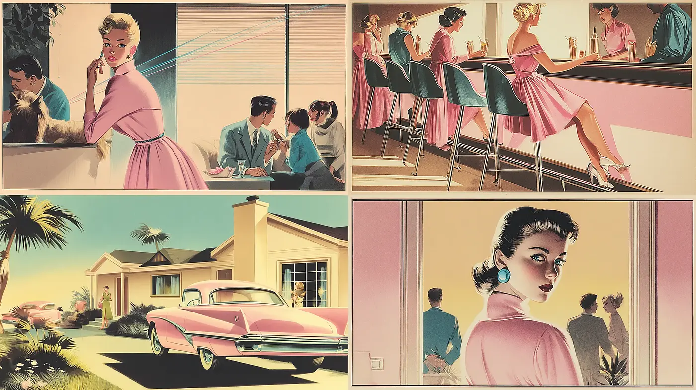 Mid-Century Modern Aesthetic with Pastel Hues and Retro Charm - Midjourney sref style