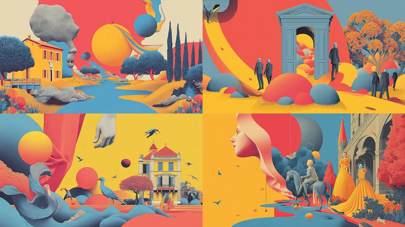 Whimsical Surrealism with Vibrant Color Compositions - Midjourney sref style