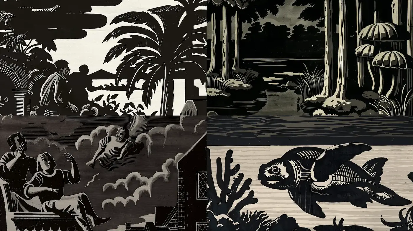 Stylized Black and White Illustrations with Retro Aesthetic - Midjourney sref style
