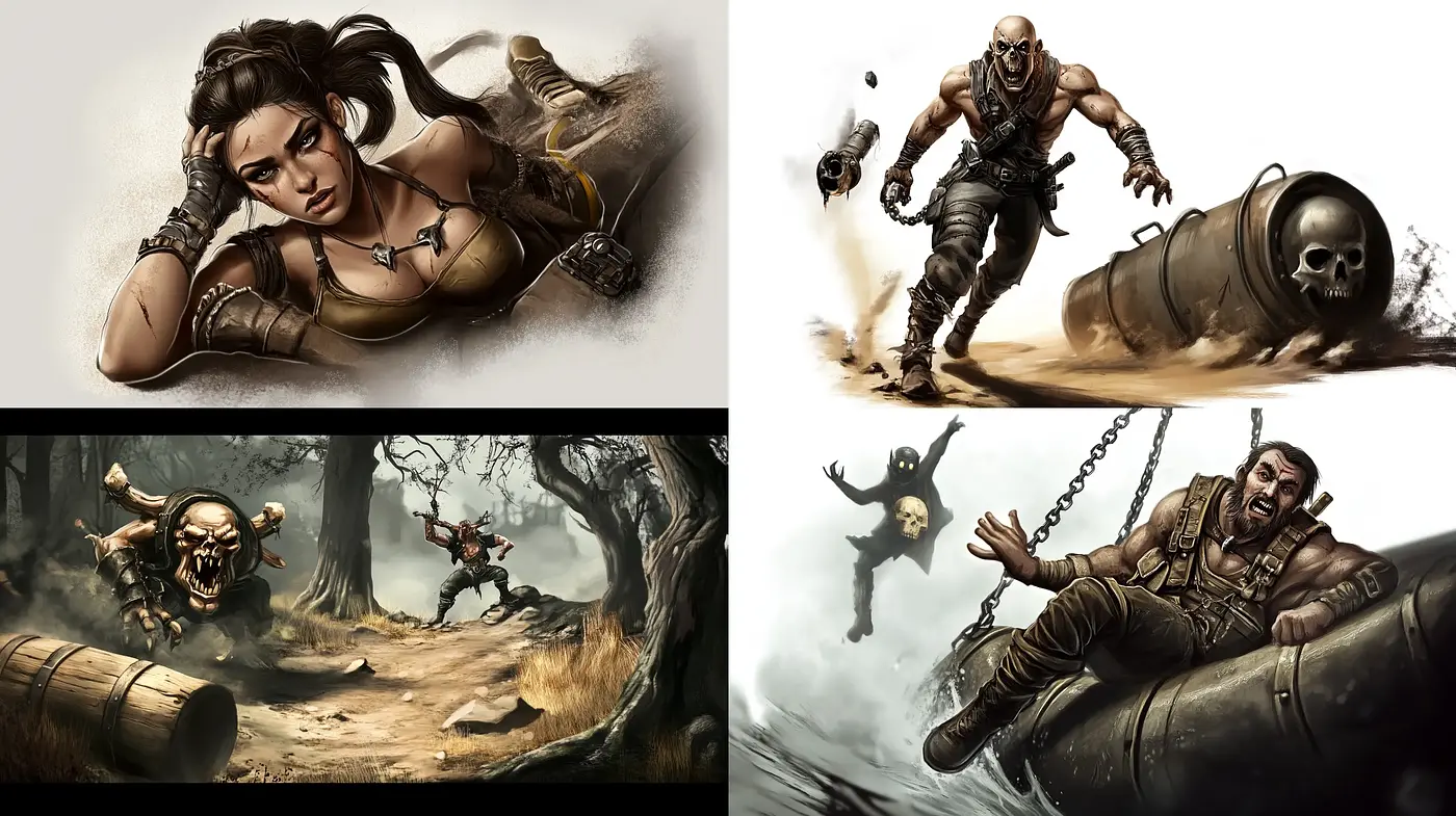 Dynamic Sepia-Toned Action Tableaux - Midjourney sref style