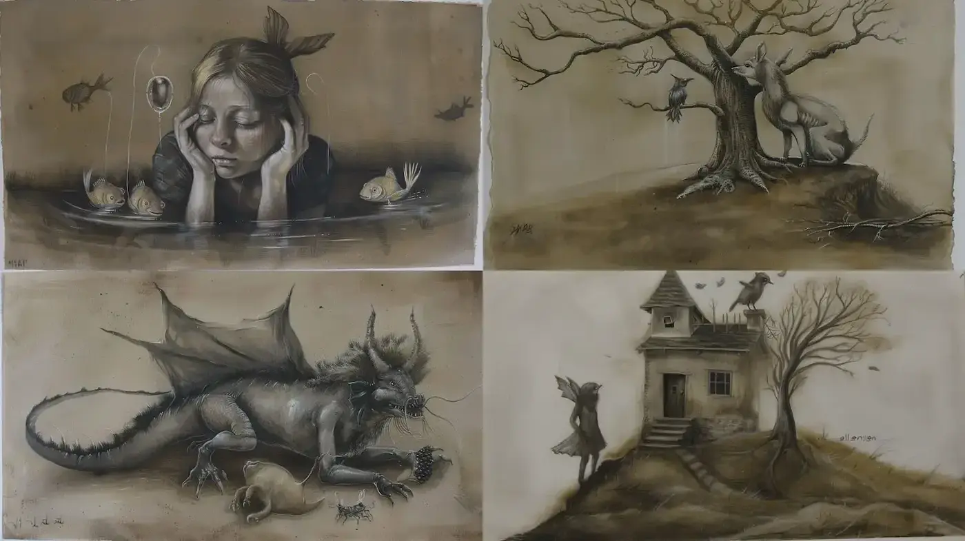 Whimsical Monochrome Fantasia with Elements of Magical Realism - Midjourney sref style