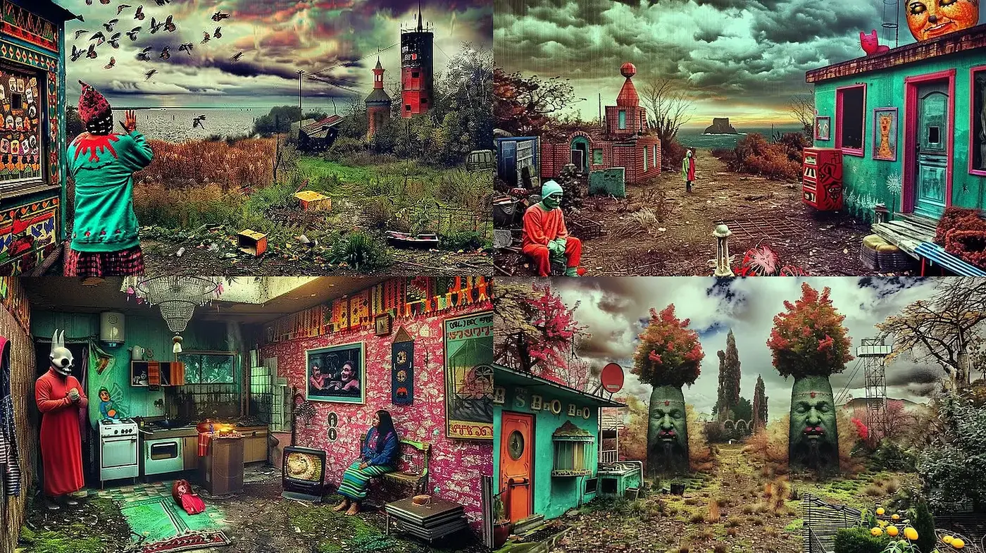 Eclectic, Surrealist Scenes with Vibrant Cultural Motifs - Midjourney sref style