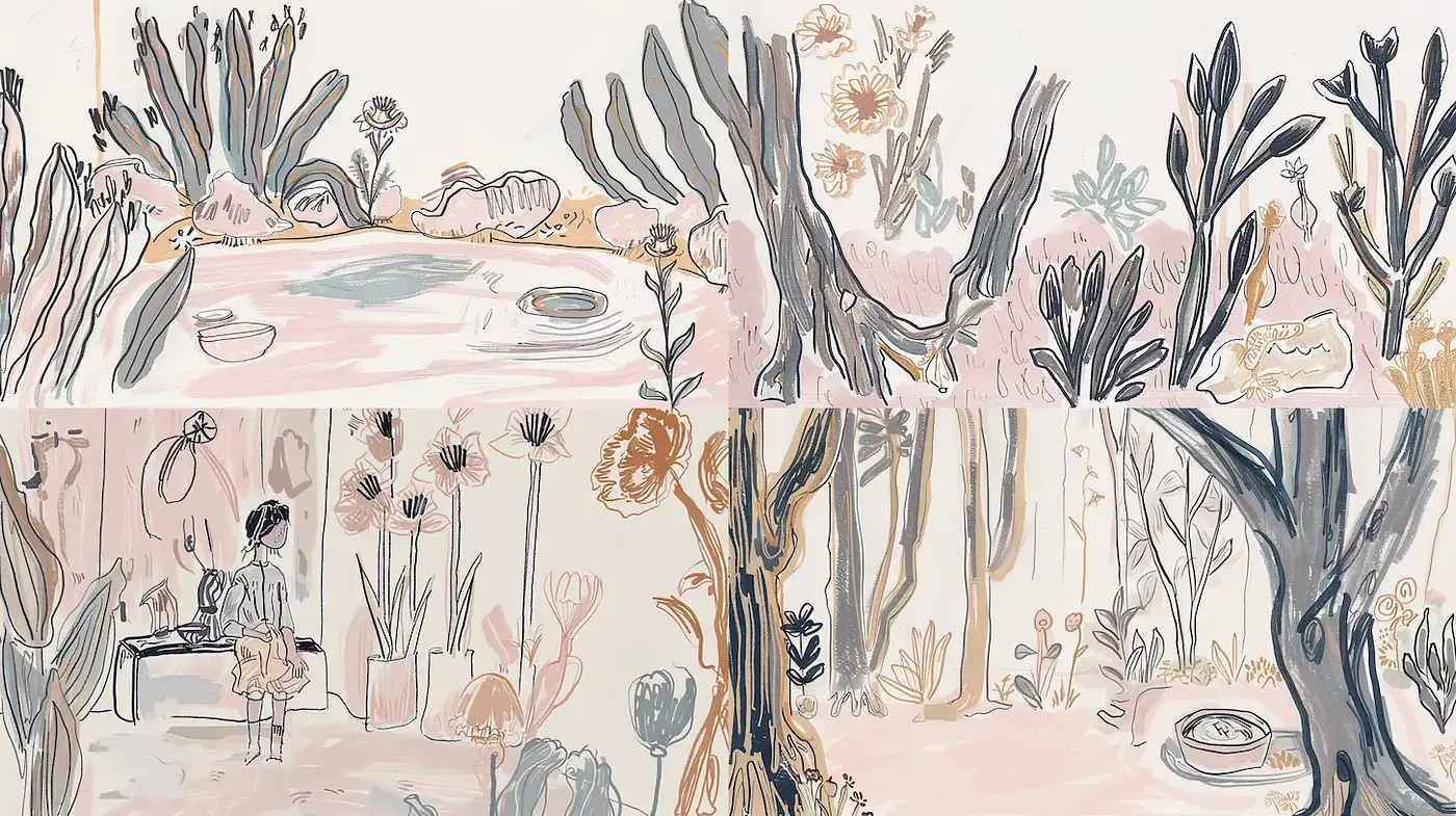 Whimsical and delicate botanical landscapes with a hand-drawn charm - Midjourney sref style