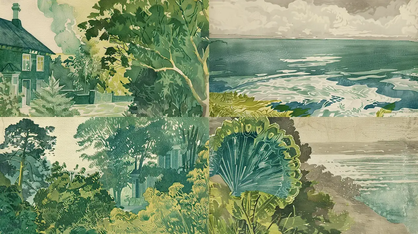 Lush Green Landscapes with Vintage Watercolor Aesthetic - Midjourney sref style