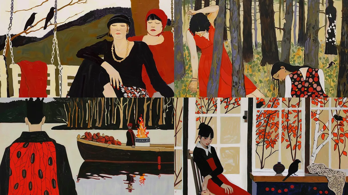 Stylized Autumn Elegance with Bold Contrasts and a Reflective Mood - Midjourney sref style