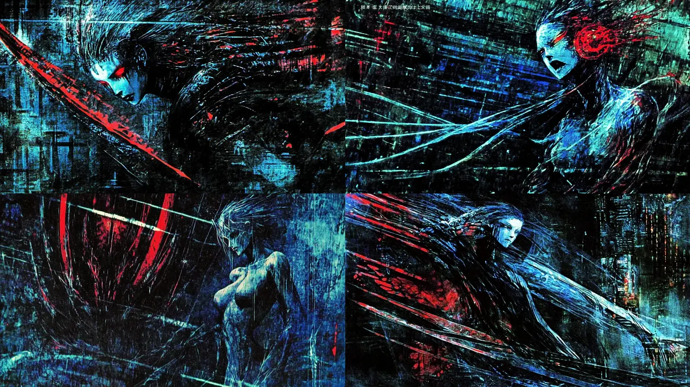 Dynamic Abstract Expressionism with Cyberpunk Overtones - Midjourney sref style