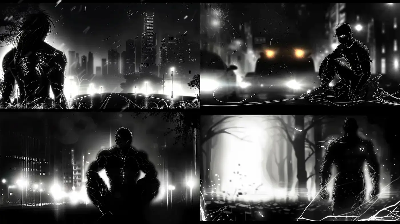 Dynamic and Dramatic Monochromatic Illustrations with Urban Themes - Midjourney sref style