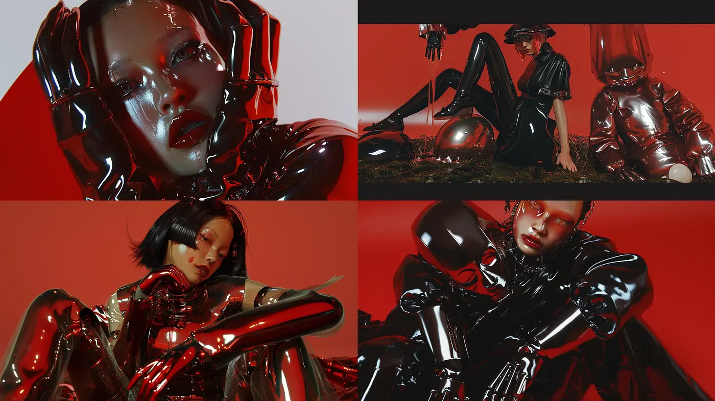 Futuristic Noir Gloss: A Study in Reflective Elegance and Chrome Red Aesthetics - Midjourney sref style