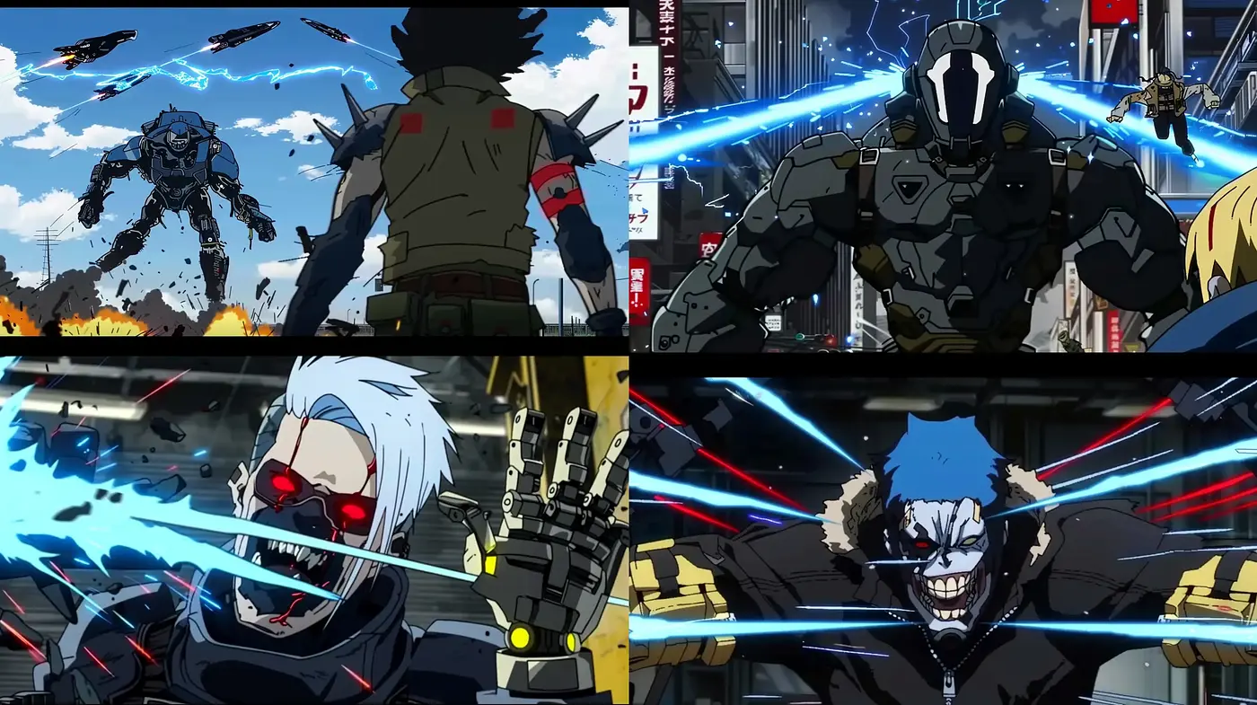 Cybernetic Showdown: Anime-Inspired Mecha and Warrior Confrontation - Midjourney sref style