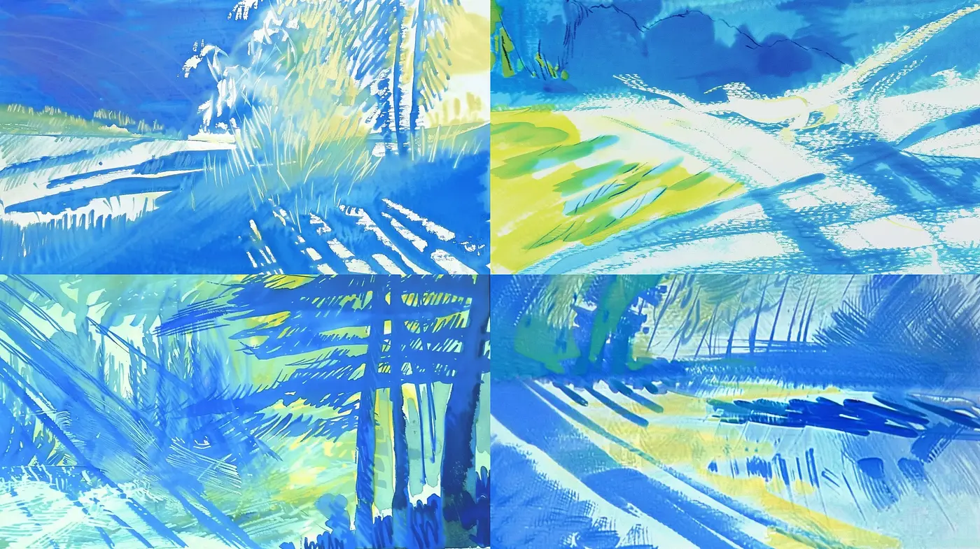 Expressive Brushwork in Sapphire and Citron: A Harmonious Convergence of Dynamic Textures - Midjourney sref style