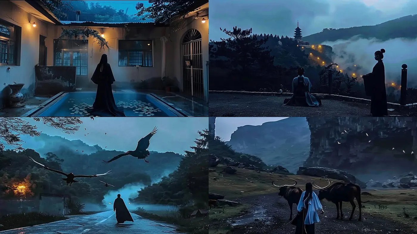Ethereal Twilight: A Cinematic Exploration in Shades of Blue and Mystical Atmospheres - Midjourney sref style